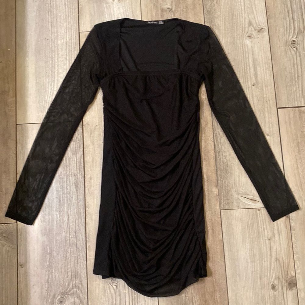 Boohoo Black W/ Sheer Sleeves Rouched Dress Size 12